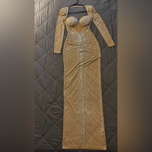 Fashion Nova Sheer Bedazzled Long Sleeve Gown Caught Your Attention Embellished - Picture 2 of 16